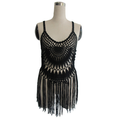 Beach crochet hollow blouse Hand crochet lace fringed vest 95