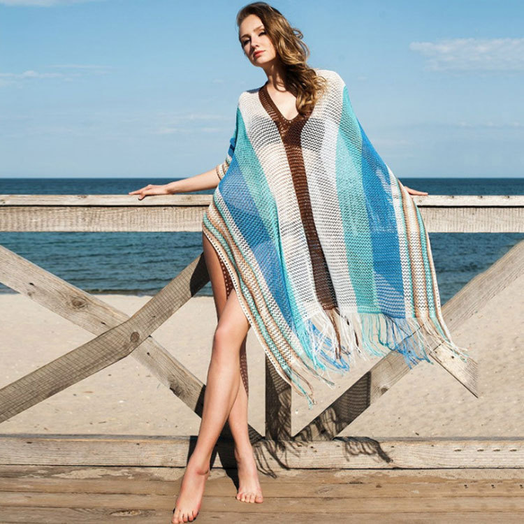 Beach sun protection clothing hollow fringed shawl knitted top dress 114