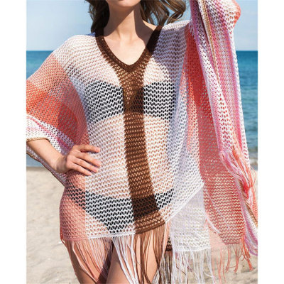 Beach sun protection clothing hollow fringed shawl knitted top dress 114