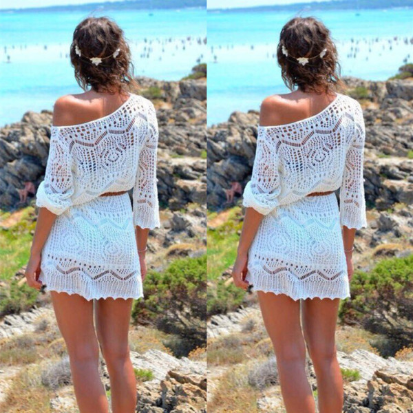 Bikini Knit Embroidered Beach Cover-up Off Neck Dress 70