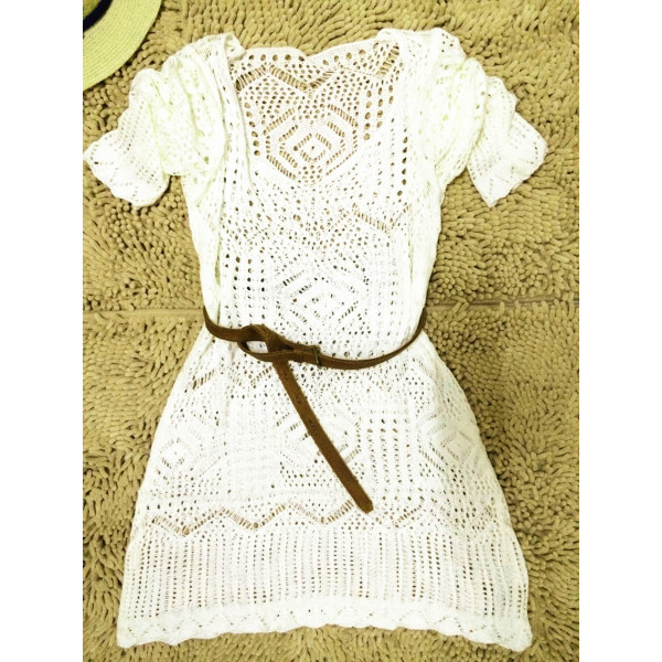 Bikini Knit Embroidered Beach Cover-up Off Neck Dress 70