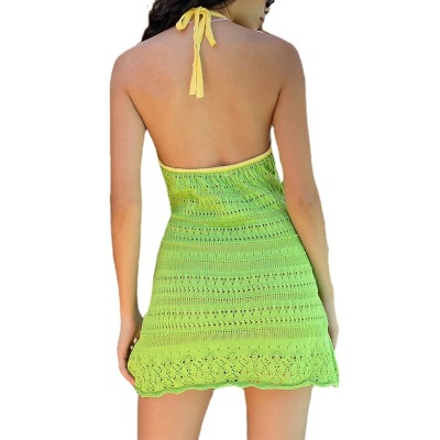 Crochet Dress Open Back Halter Neck Strap Sexy V Neck Package Hip Skirt 14