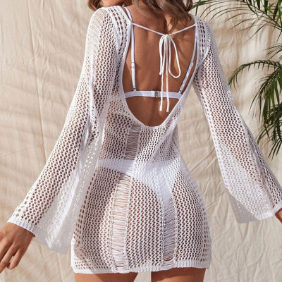 Hollow Backless See-Through Sexy Knit Blouse Bikini Long Sleeve Swimsuit 97