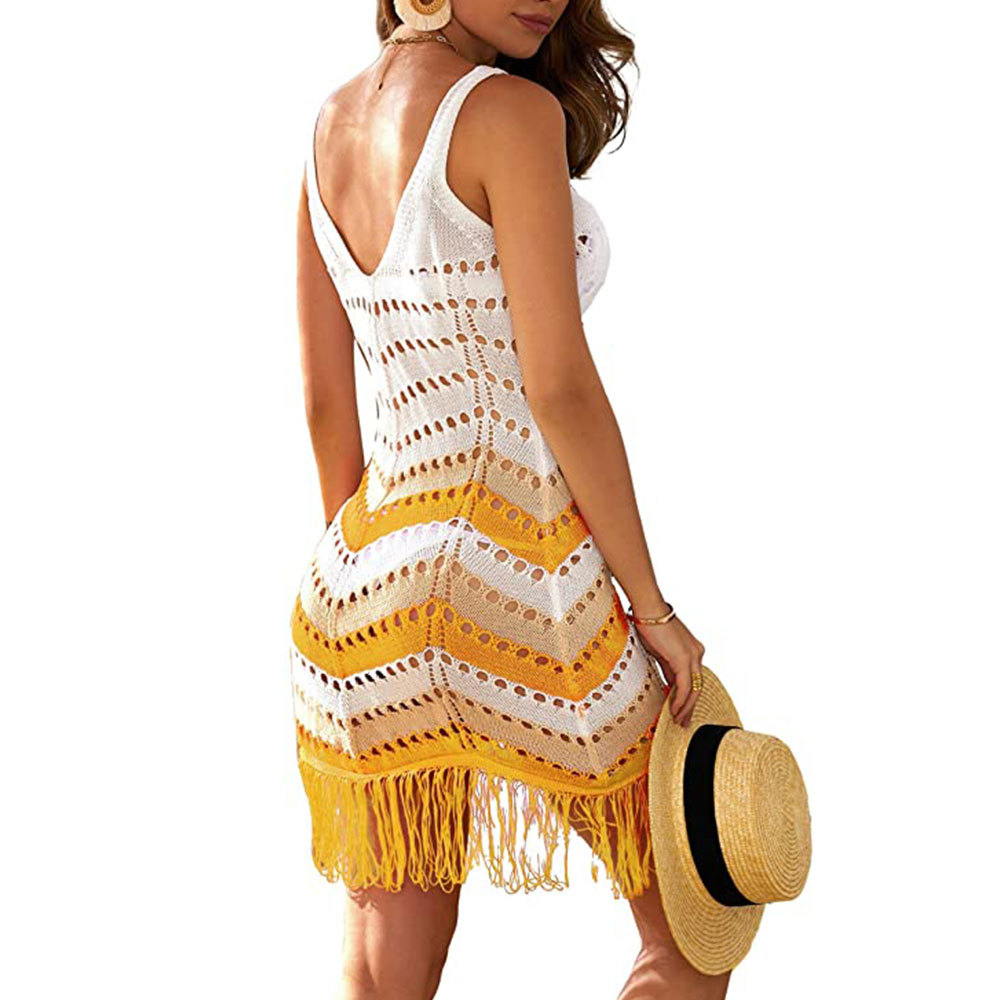Knitted beach sunscreen fringe striped sundress 83