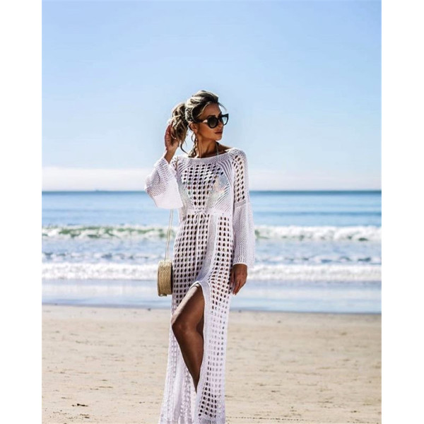 Slit knit dress hollowed out long-sleeved beach sun protection clothing 116