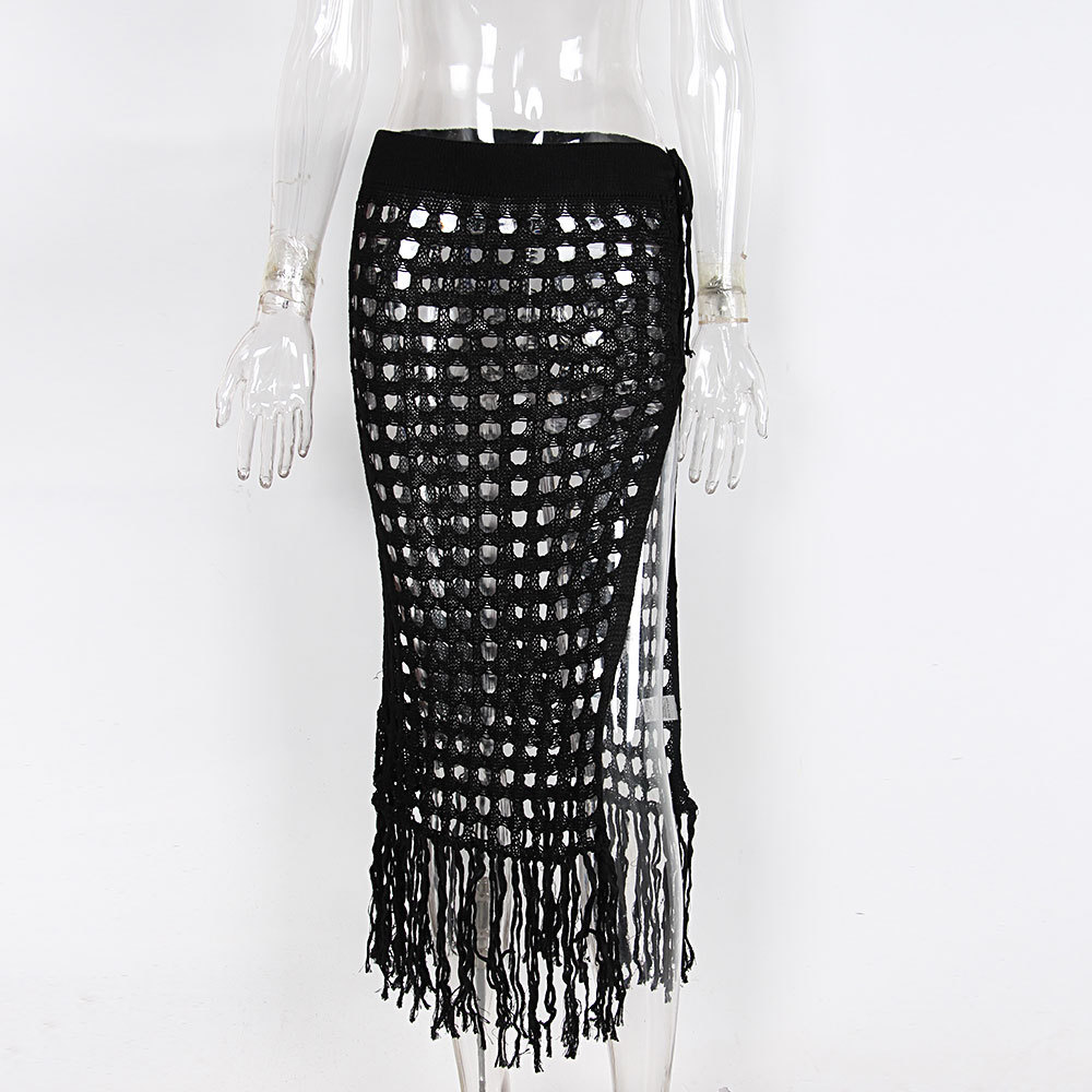 Slit Perspective Mesh Hollow Fringed Knit Skirt 63