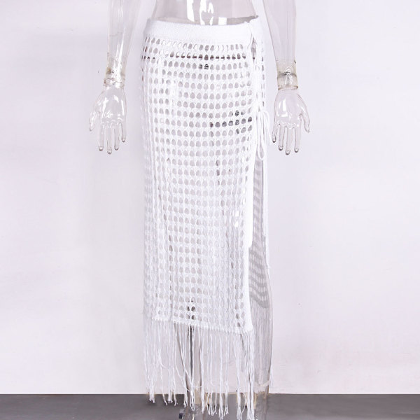 Slit Perspective Mesh Hollow Fringed Knit Skirt 63