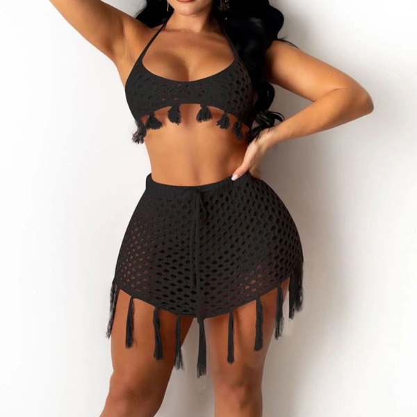 Solid Color Loose Two-Piece Fishnet Fringe Bikini Set 61
