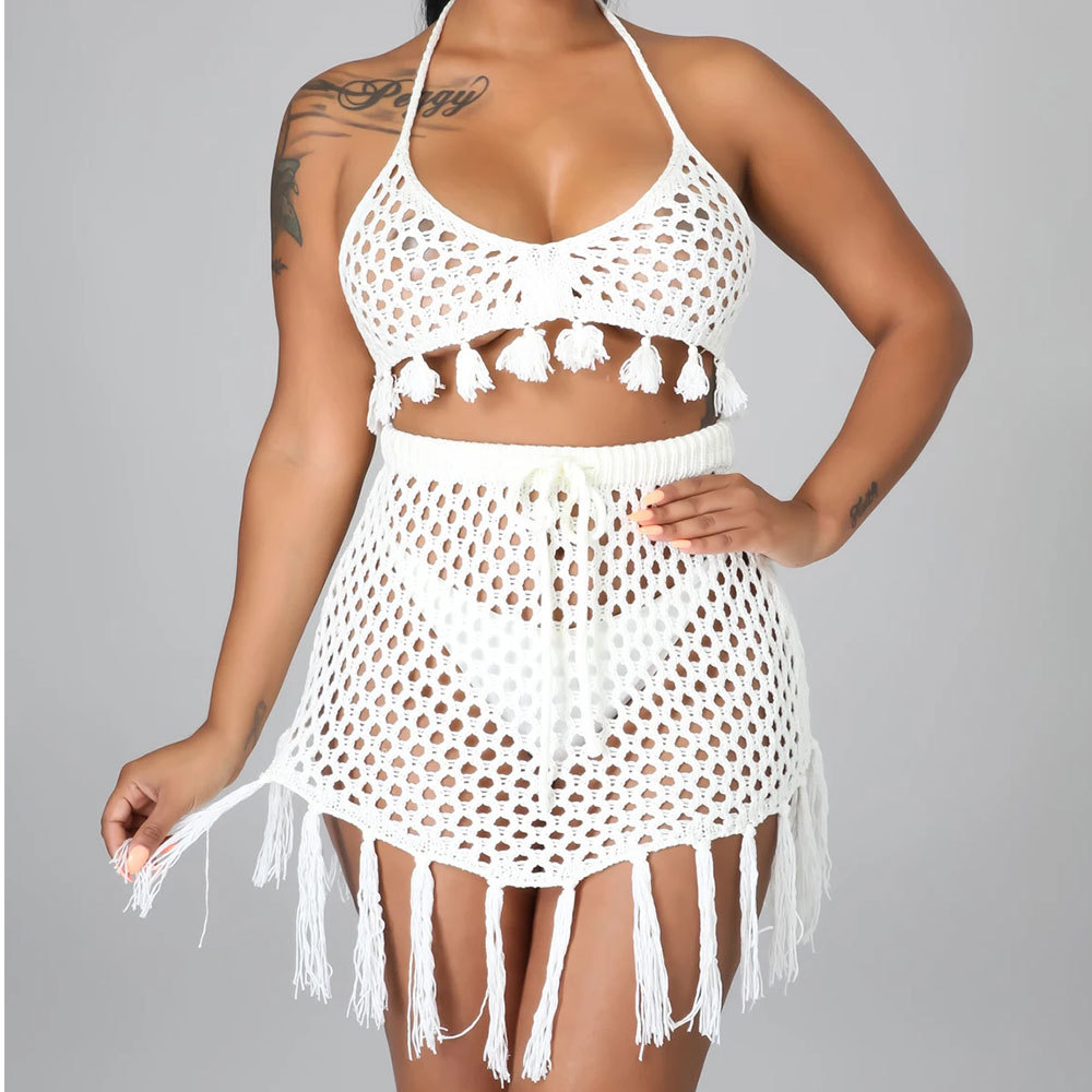 Solid Color Loose Two-Piece Fishnet Fringe Bikini Set 61