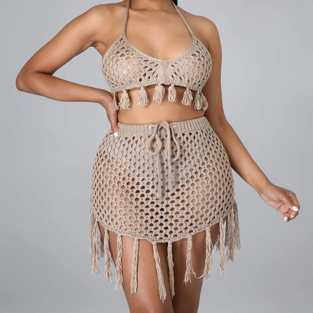 Solid Color Loose Two-Piece Fishnet Fringe Bikini Set 61