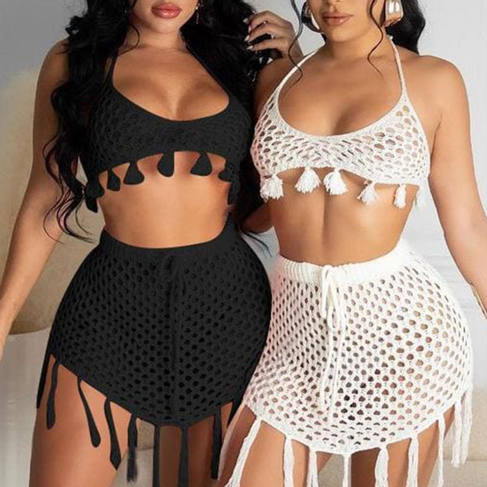 Solid Color Loose Two-Piece Fishnet Fringe Bikini Set 61