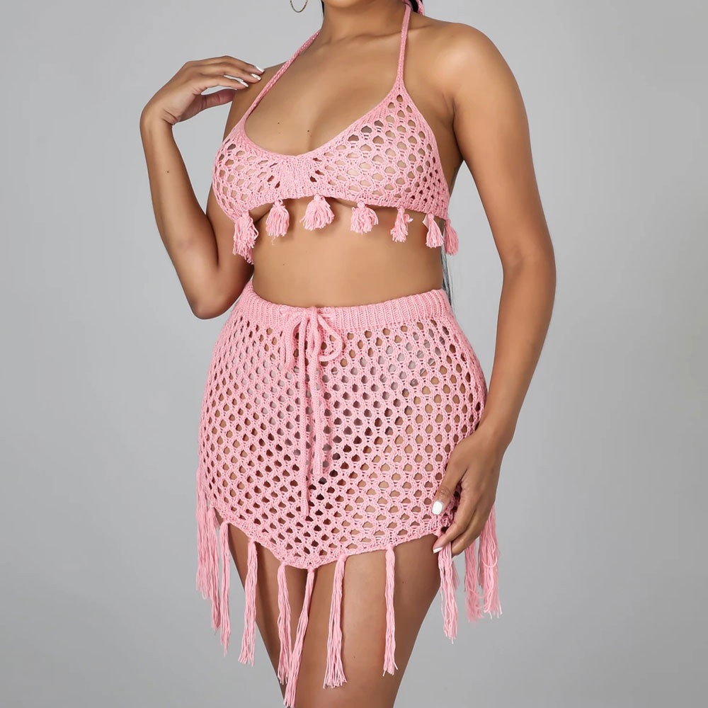 Solid Color Loose Two-Piece Fishnet Fringe Bikini Set 61