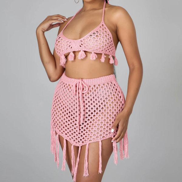 Solid Color Loose Two-Piece Fishnet Fringe Bikini Set 61