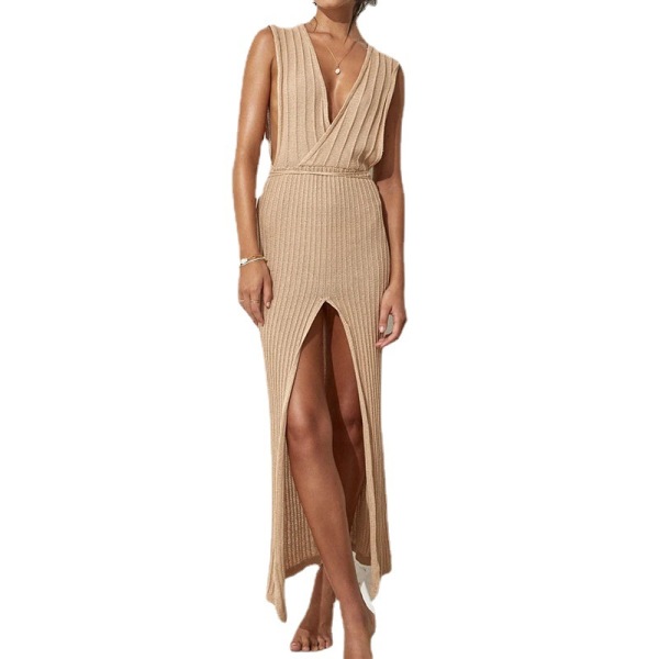 V-neck beach knit blouse open back sexy slit dress 4