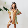 Color-block sexy V-neck knitted bikini sun protection cover-up dress 142