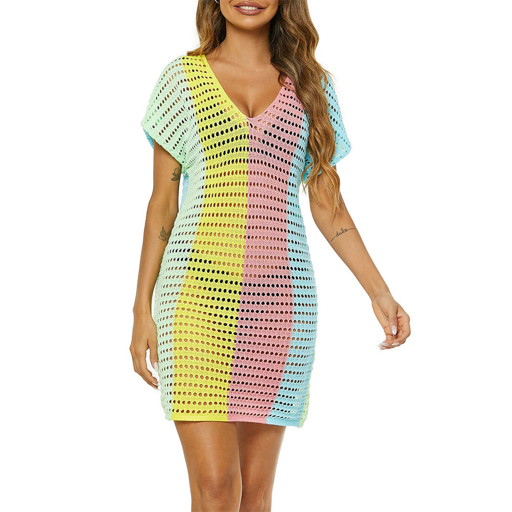 Color-block sexy V-neck knitted bikini sun protection cover-up dress 142