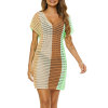 Color-block sexy V-neck knitted bikini sun protection cover-up dress 142